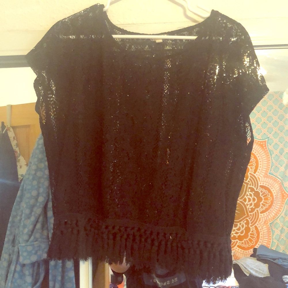 Black Sheer Lace Short Sleeved Crop Top